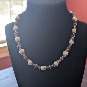 Elegant Faux Pearl & Reddish Brown & Black Bead Necklace 16.5" Chain Quiet Lux